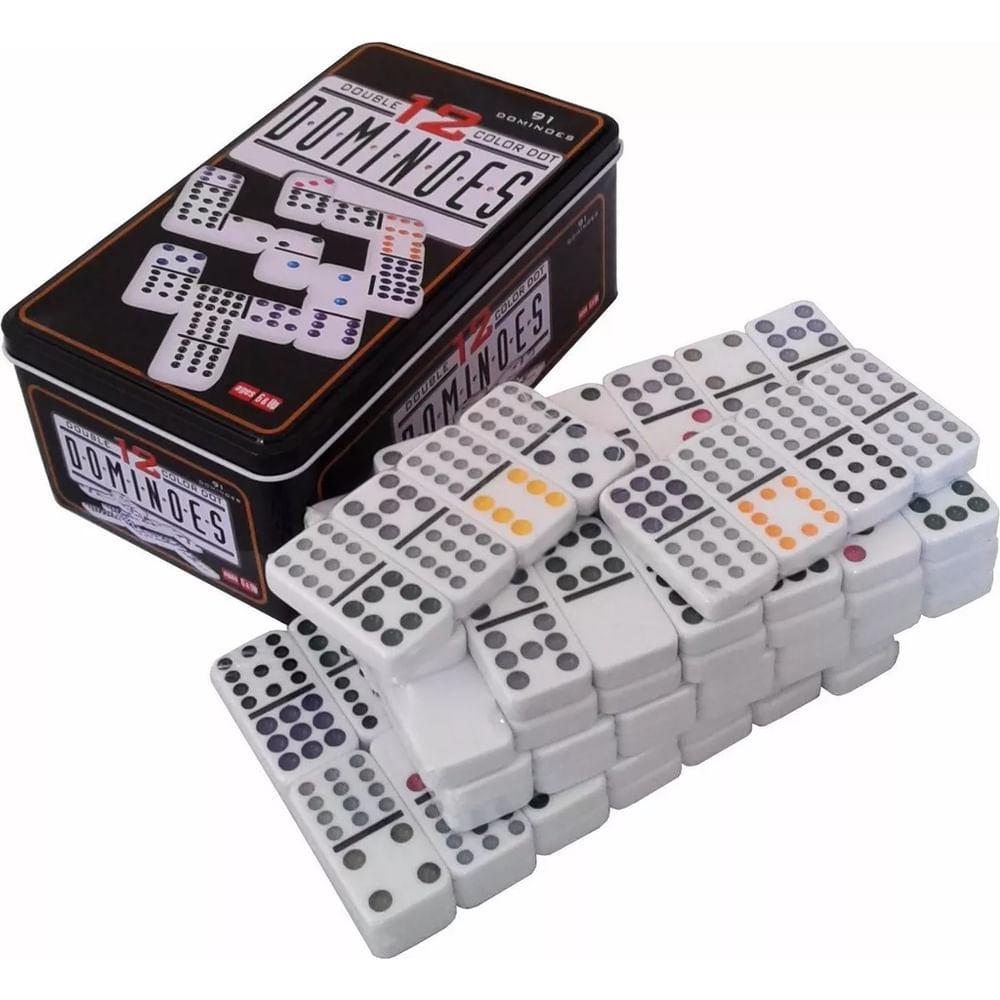 Jogo Dominó Mexicano com 91 Peças Colorida Double 12 Lata Decorada