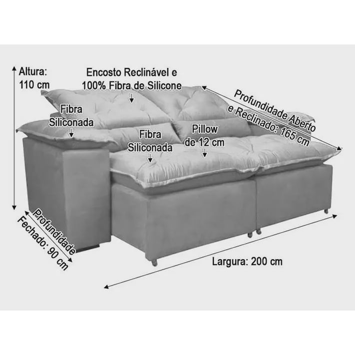 そふぁあ Sofá retrátil e reclinável 2m Elegance cinza - braço almofada em