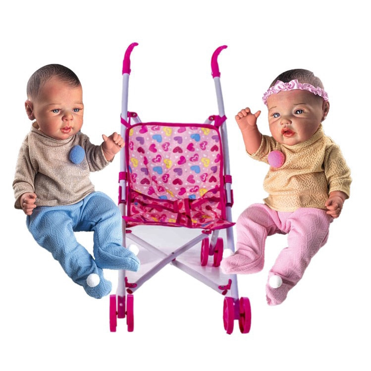 Kit Boneca Realista Reborn Gêmeos + Carrinho de Bebê Rosa em