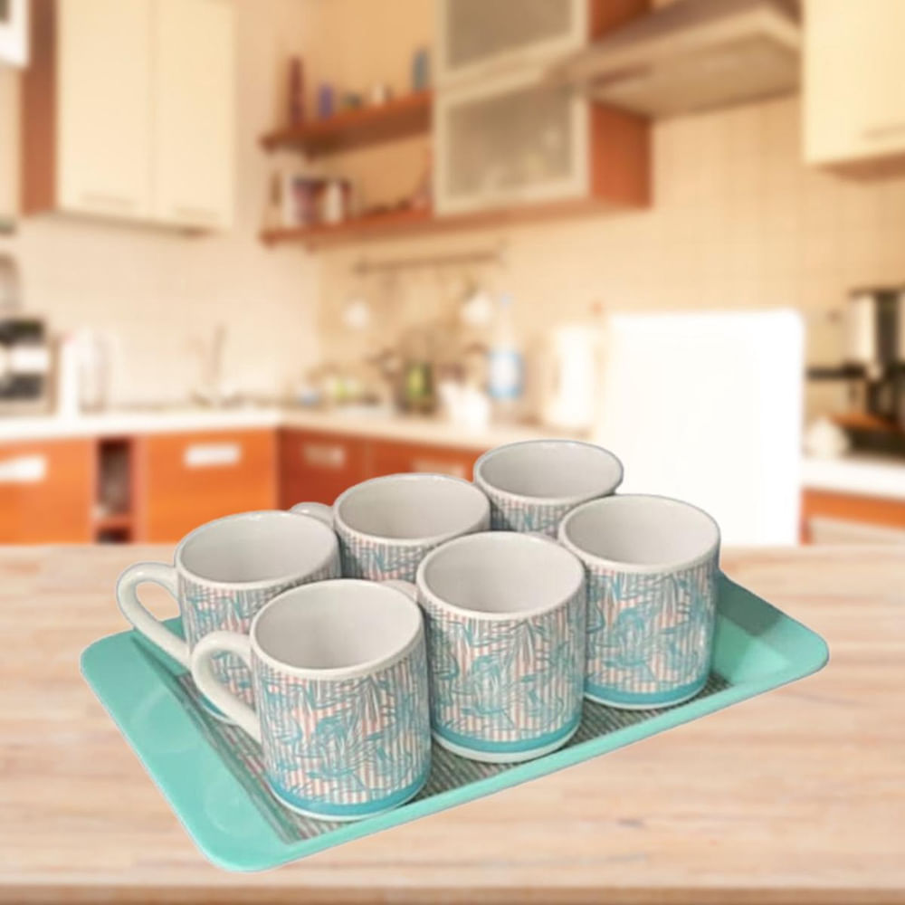 Jogo De Xícaras Em Cerâmica 85Ml 6 Peças Com Bandeja - Verde em