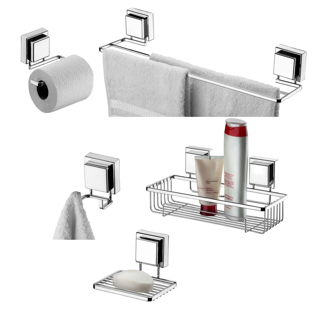 Encontraproduto.com.br - Kit Banheiro 5 Peças Toalheiro Gancho Porta Shampoo Saboneteira Suporte Papel Higiênico Ventosa Cromado - Future