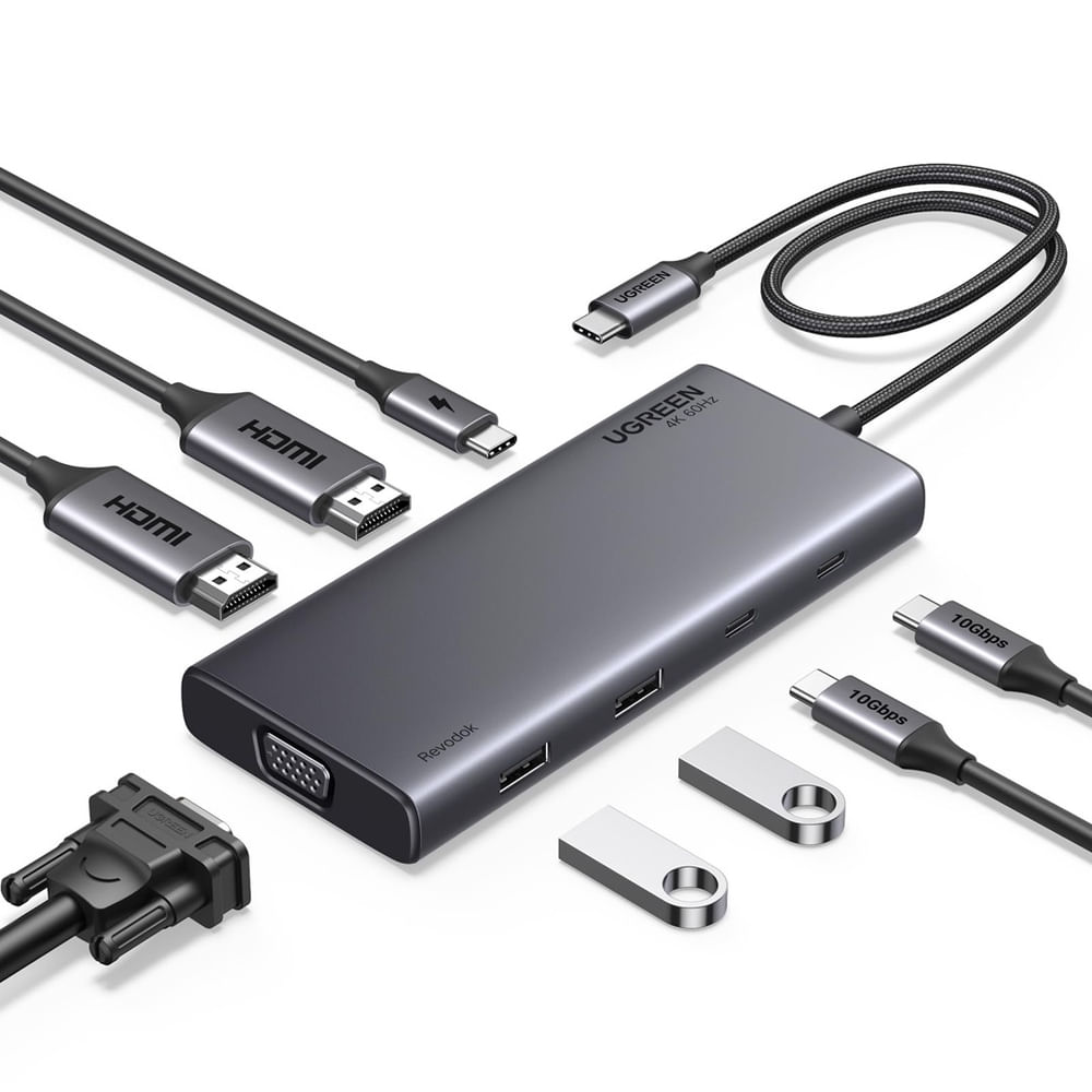 Hub USB C ugreen Revodok 8 em 1, dock de tela tripla, 10 Gbps em