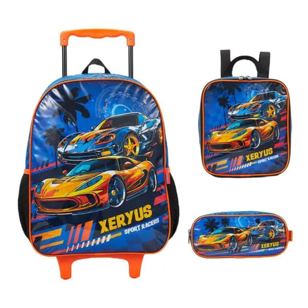 Kit Mochila Rodinhas Sport Racers Carros Lancheira Estojo em