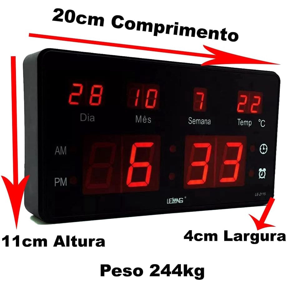 Relógio de Parede Led Digital LE-2115 Lelong Temperatura