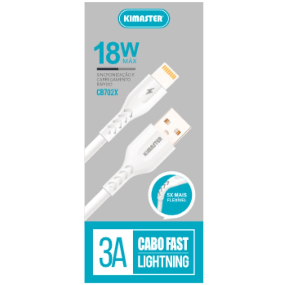 Cabo de Dados para Lightning 1M 18W 3A qc Kimaster CB702X em Cabo de Dados para Lightning 1M 18W 3A qc Kimaster CB702X em