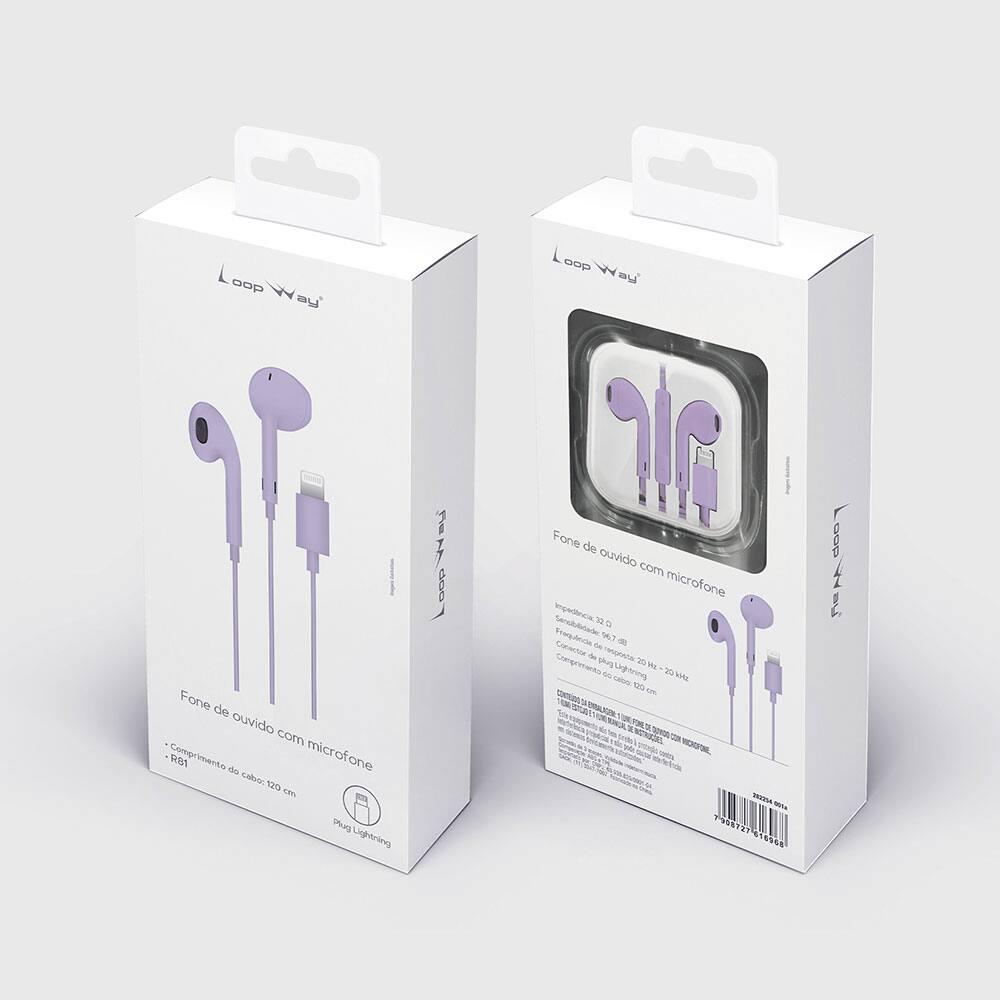 Fone de ouvido com microfone conexão lightning Lilás R81 Loop Way