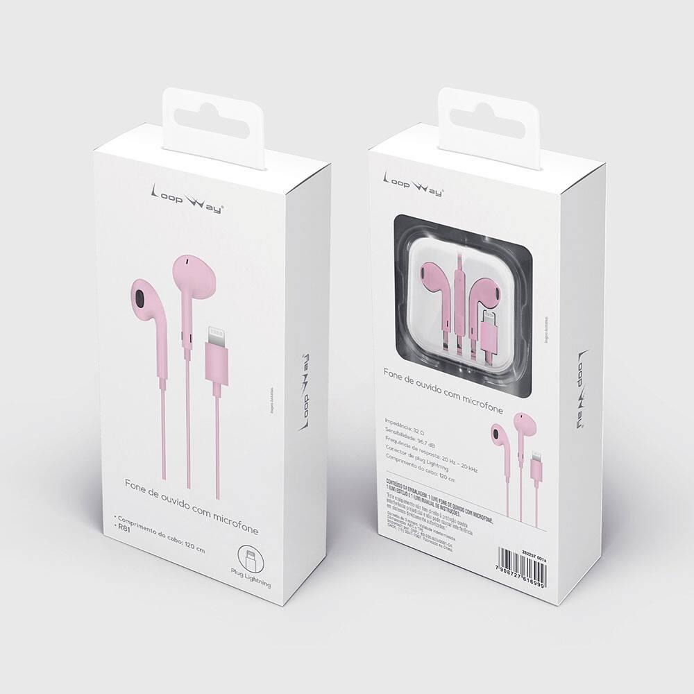 Fone de ouvido com microfone conexão lightning Rosa R81 Loop Way