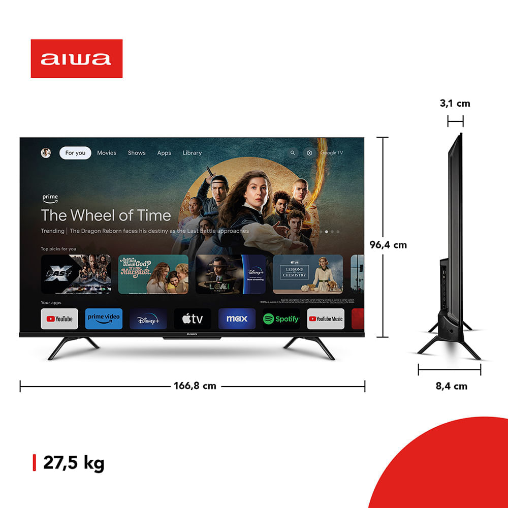 Smart TV AIWA 75” GOOGLE TV 4K Comando de voz Dolby Vision&Atmos