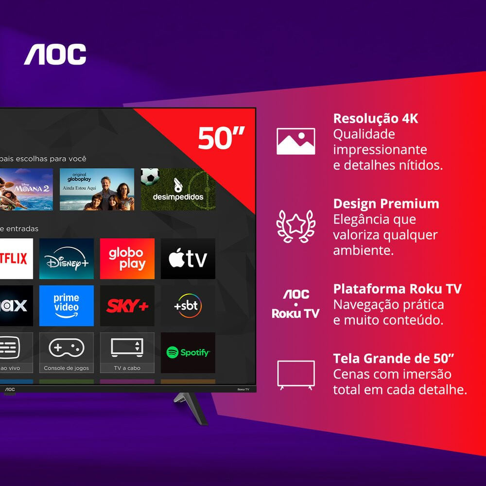 Smart TV AOC 50 Polegadas, DLED, 4K, Roku TV - 50U7045/78G