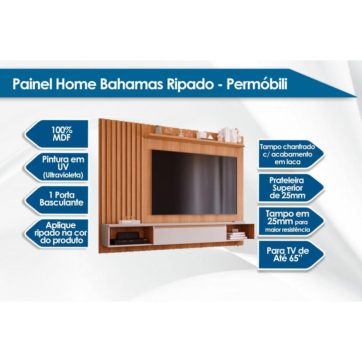 Painel Home p/TV até 65 Polegadas Bahamas Ripado 215X157cm Off White ...