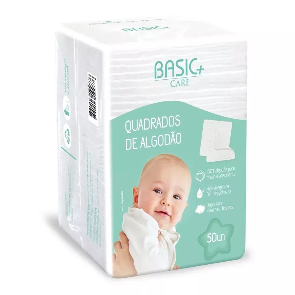 Algodão Quadrado Baby Basic + Care com 50 Unidades