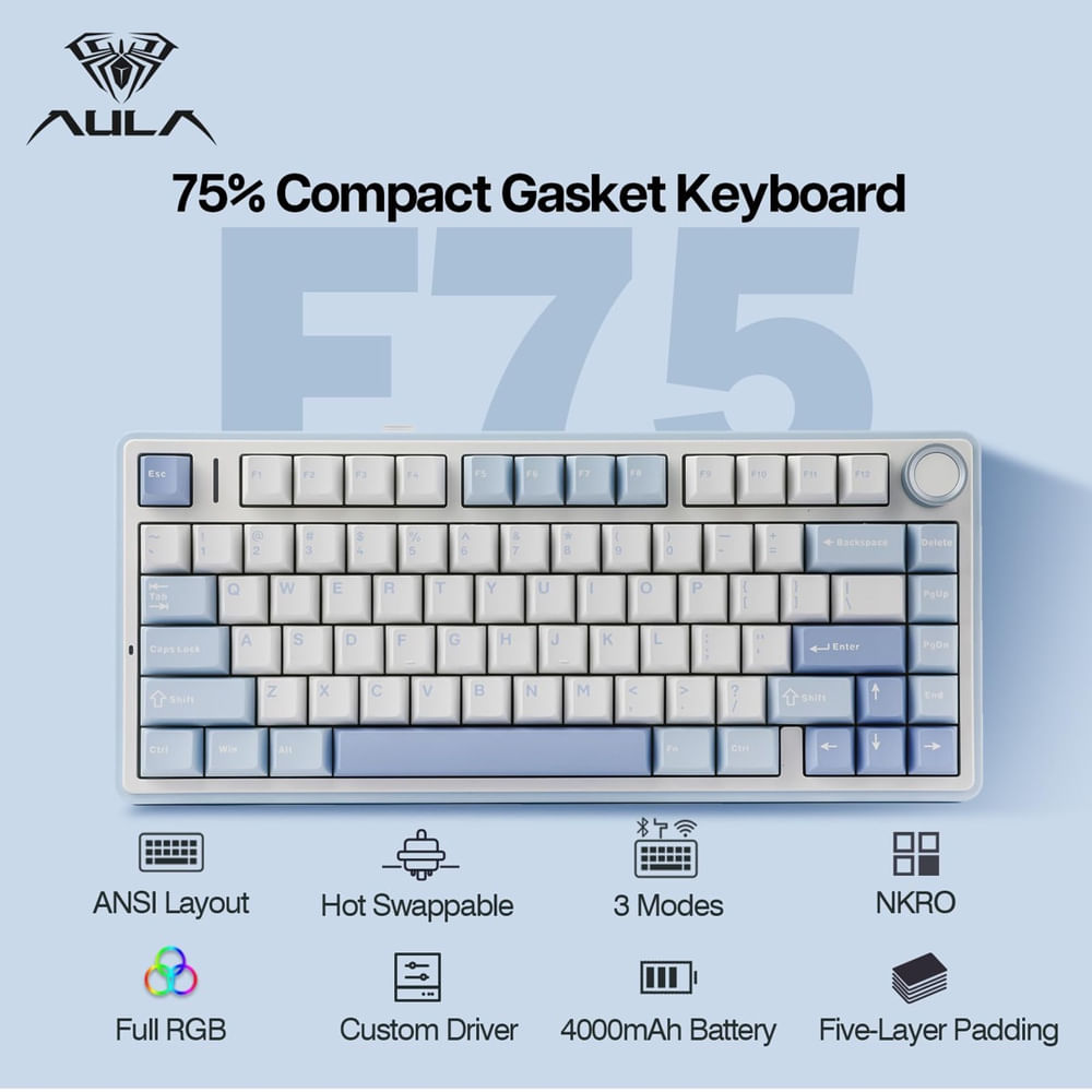 Teclado mecânico epomaker x Aula F75 Gasket 75% rgb Sea Salt em