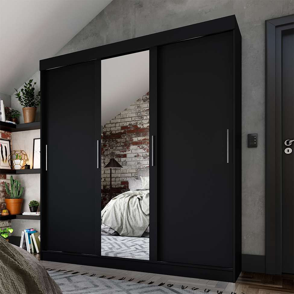 Guarda-Roupa Casal com Espelho Paris 3 pt 2 gv Preto