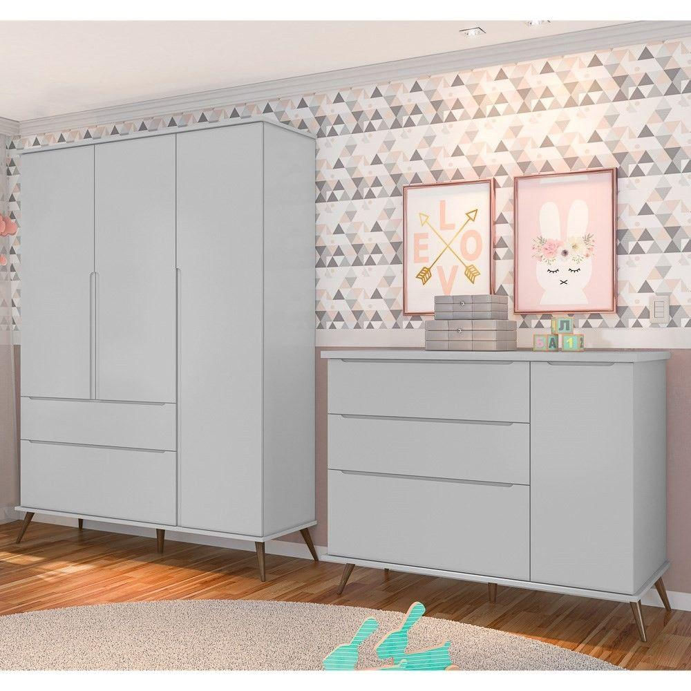 Kit Quarto Infantil Guarda Roupa 3 Portas e Cômoda Gavetas Cinza em ...