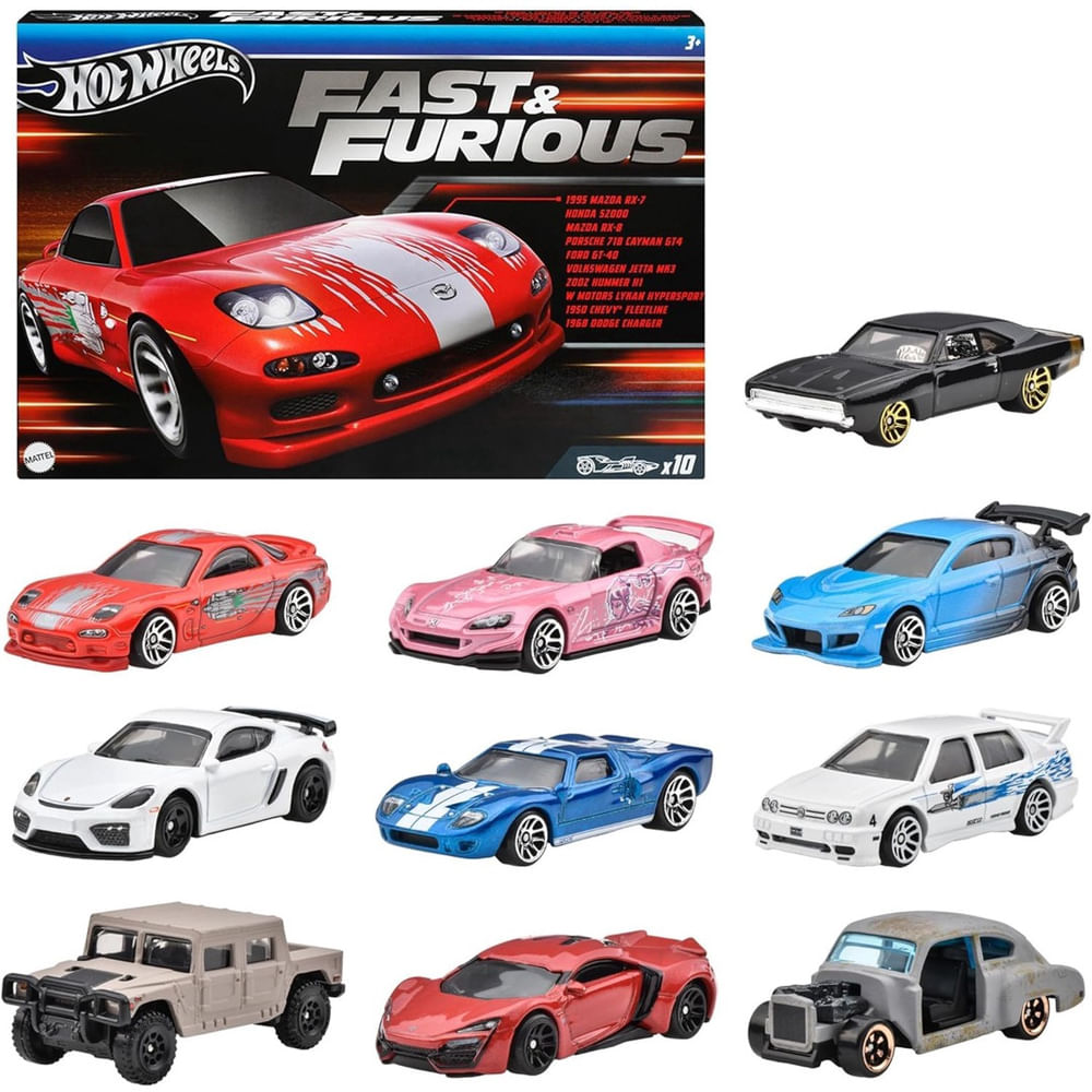 Pacote de 10 carros Hot Wheels HVX27 Fast and Furious para