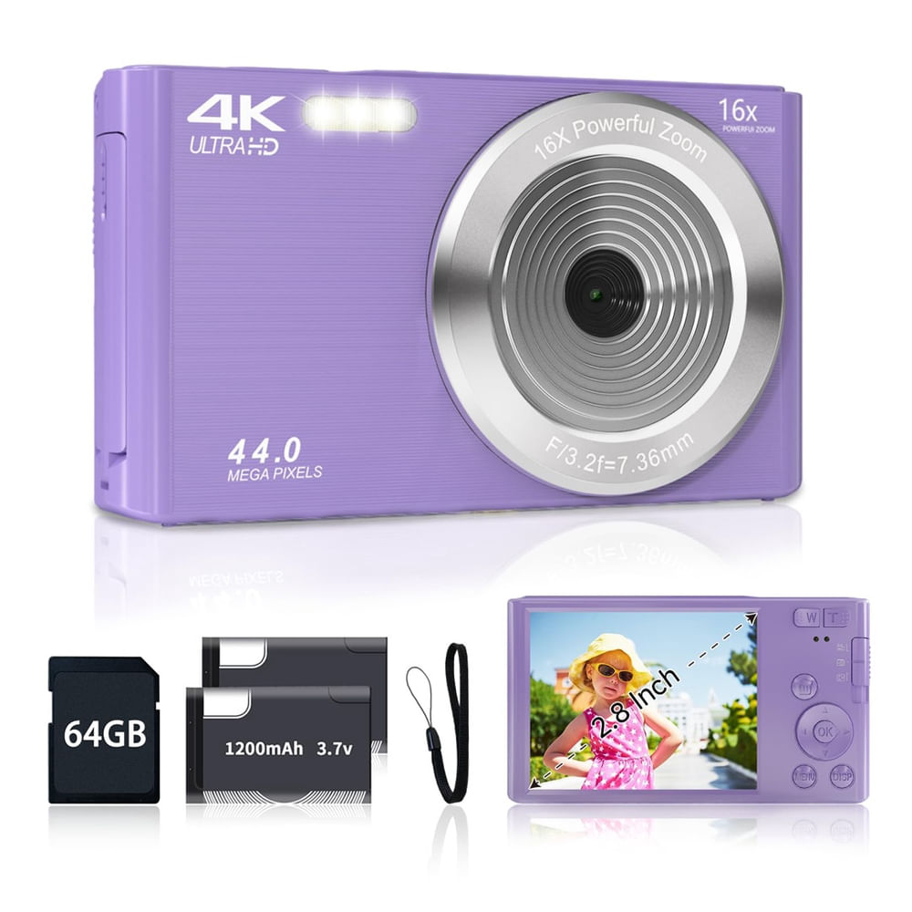 Câmera digital smartklik fhd 4K 44MP roxa com cartão sd de 64GB em